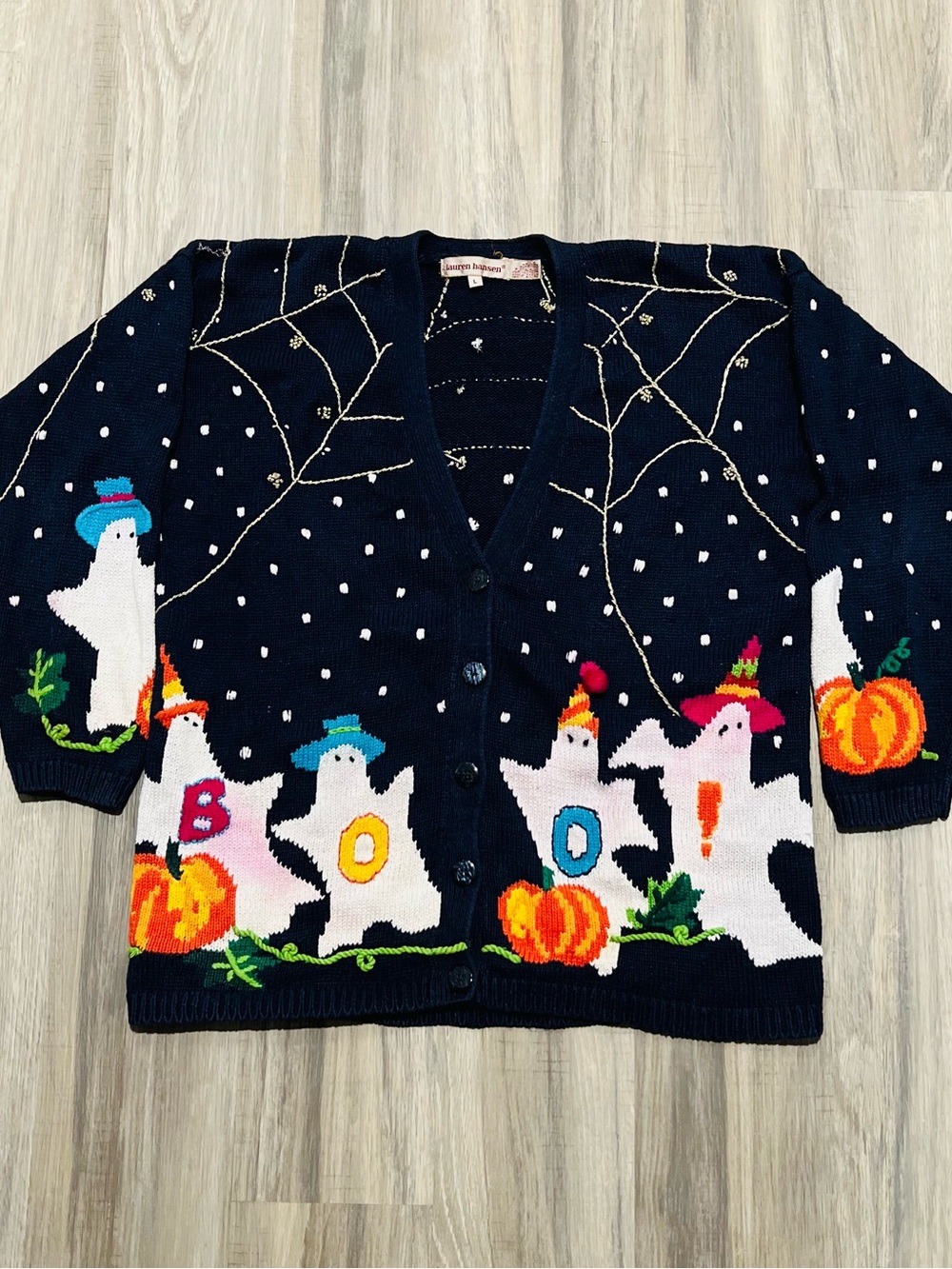 Vintage 90s Lauren Hansen Halloween Ghost and Pumpkin Novelty Knit Cardigan - Picture 4 of 8